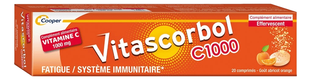 Cooper Vitascorbol C1000 20 comprimés Fatigue passagère  Complément alimentaire 20 comprimés effervescents Poids net: 90g  VitascorbolC 1000 est un complément alimentaire goût abricot orange avec édulcorants à base de Vitamine C (1000 mg). La vitamine C c